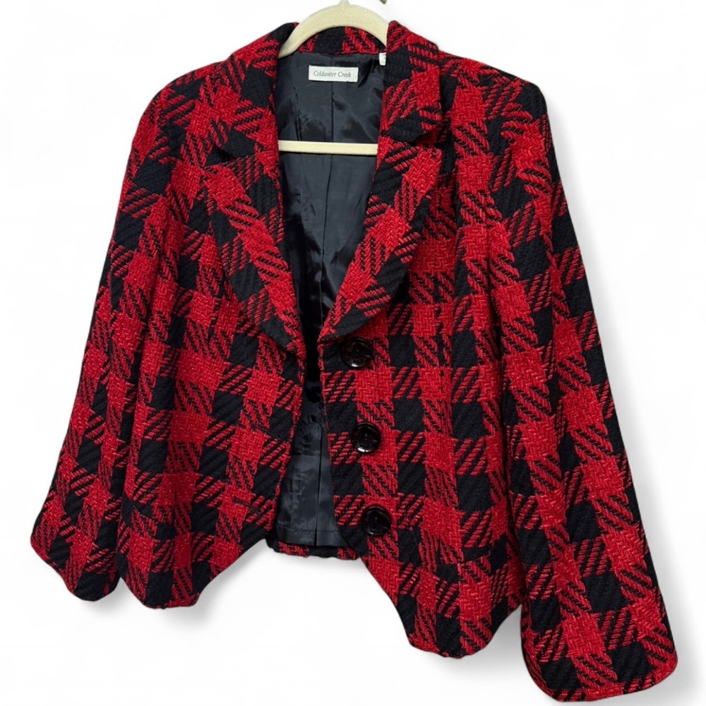 Coldwater Creek Red Black Plaid Tweed Blazer Jacket Size 10 - Picture 5 of 9